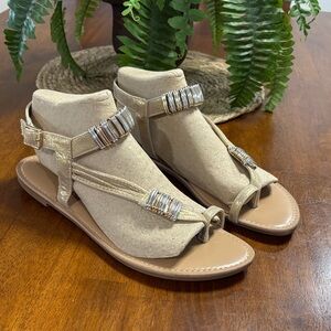 Elegant Tan Sandals with Silver Golden Accents
